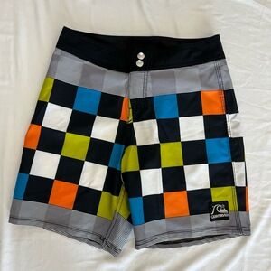 Quiksilver Swim Shorts Boys 25 Multicolor Checkerboard Pattern Drawstring Retro
